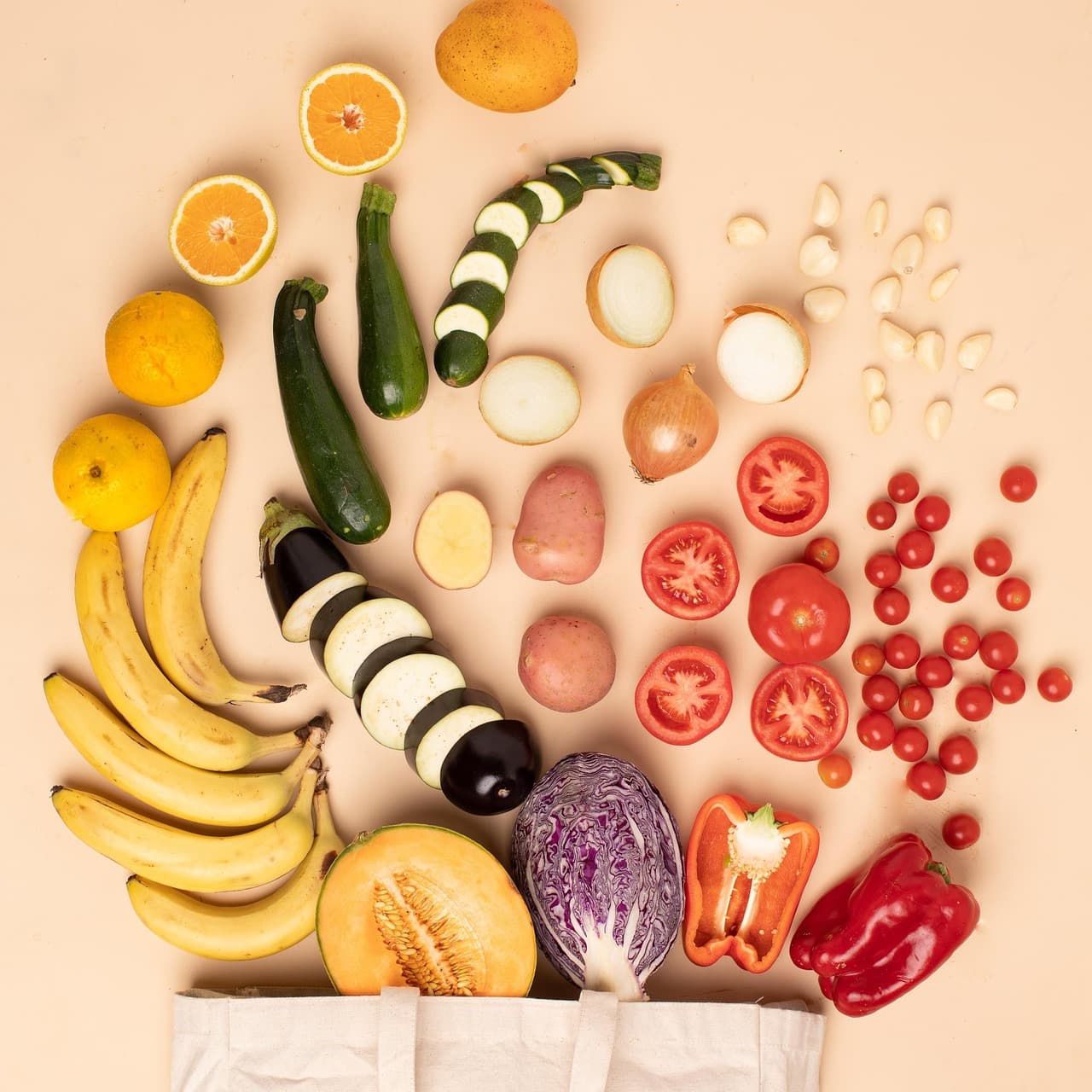 rau củ, protein, tinh bột, và trái cây