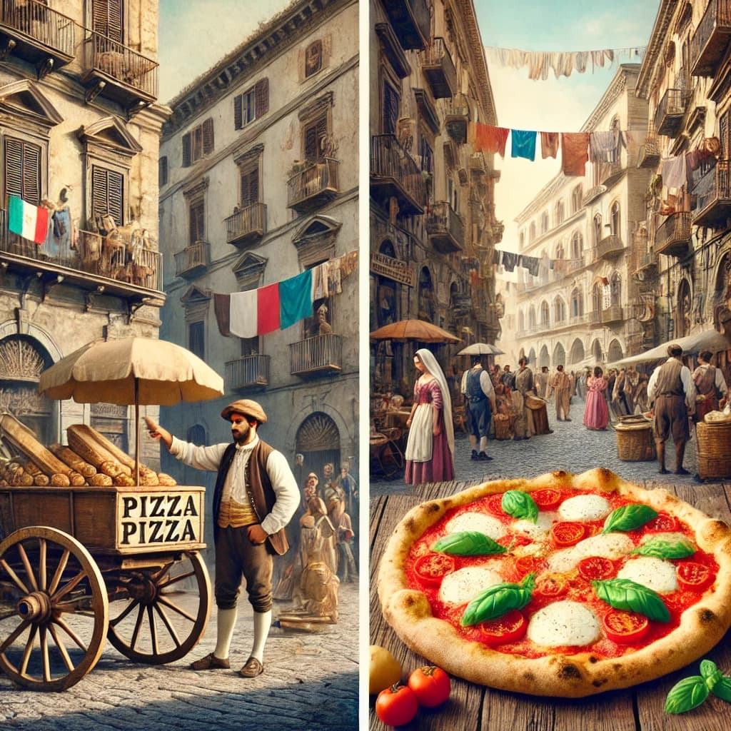 cảnh đường phố Naples thế kỷ 18 với người bán pizza rong, bên cạnh hình ảnh pizza Margherita