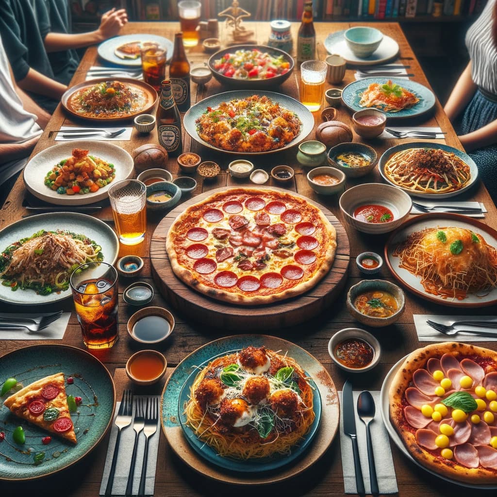 bàn ăn quốc tế với pizza New York, okonomiyaki Nhật Bản và pizza Hawaii, thể hiện sự đa dạng